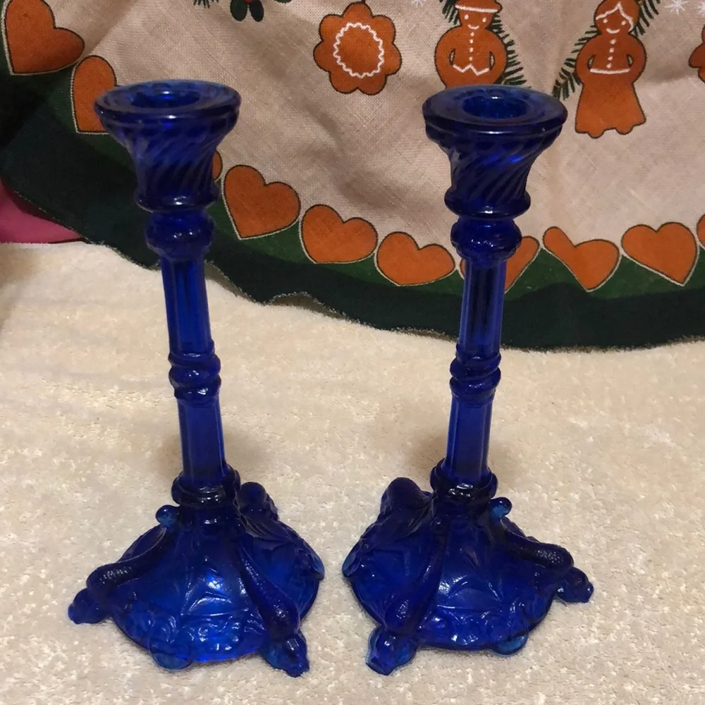 Portieux Vallerysthal Bavards 8.5” Koi Candlesticks Cobalt Blue Glass